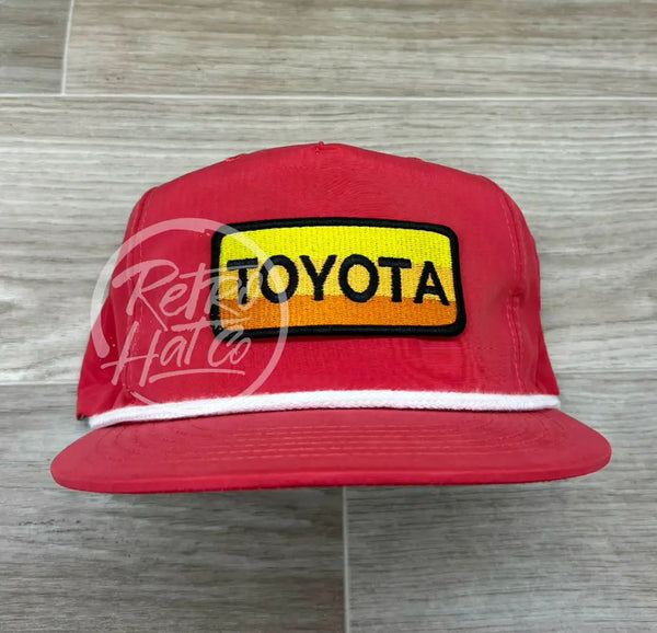 Retro Toyota Patch On Red Poly Rope Hat Ready To Go