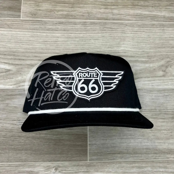 Route 66 Wings Patch On Black Retro Hat W/White Rope Ready To Go