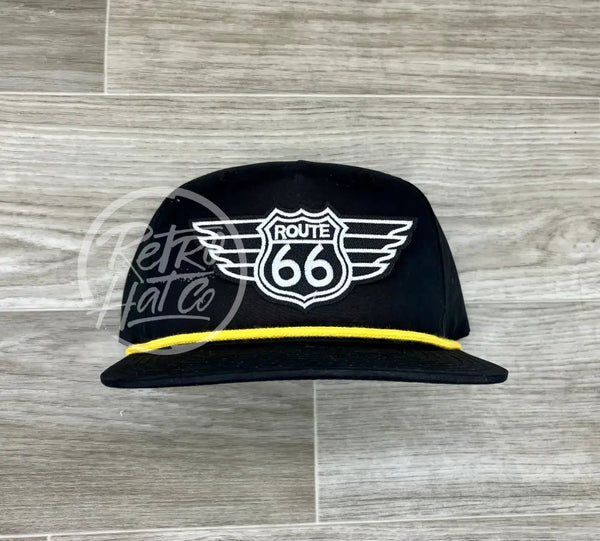 Route 66 Wings Patch On Black Retro Hat W/Yellow Rope Ready To Go