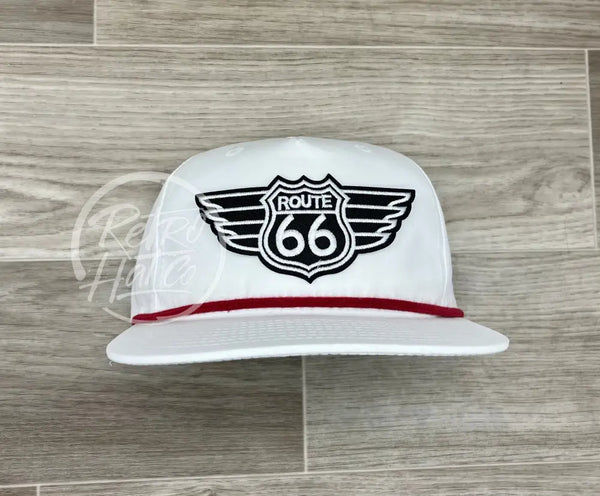 Route 66 Wings Patch On White Retro Hat W/Red Rope Ready To Go