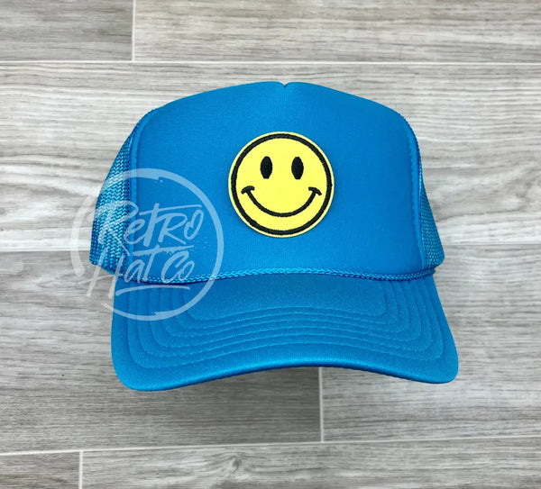Smiley Face Emoji Patch On Turquoise Meshback Trucker Hat Ready To Go