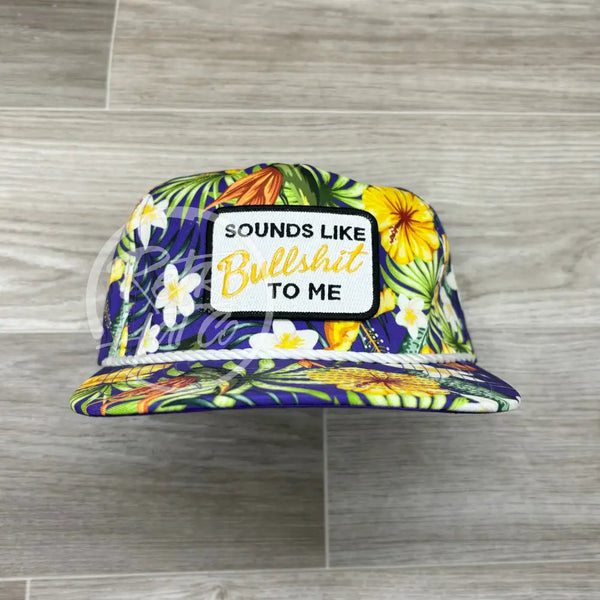 Sounds Like Bullshit To Me Patch On Purple Hawaiian Retro Rope Hat W/Leather Strap Back Ready Go