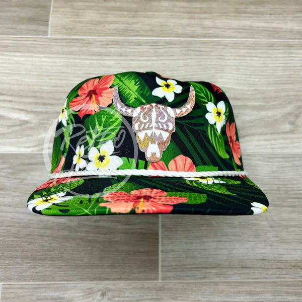 Southwest Pastel Cow Skull Patch On Black Hawaiian Retro Rope Hat W/Leather Strap Back Ready To Go