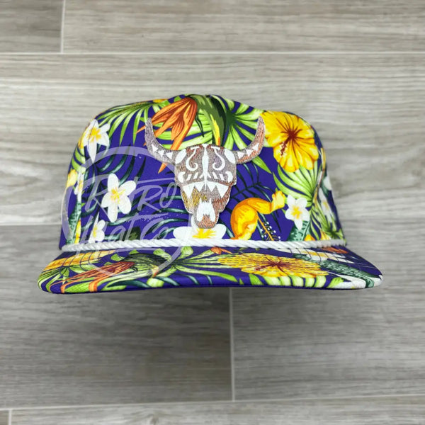 Southwest Pastel Cow Skull Patch On Purple Hawaiian Retro Rope Hat W/Leather Strap Back Ready To Go