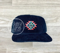 Southwestern / Aztec Tribal Patch On Corduroy Snapback Hat Navy Ready To Go