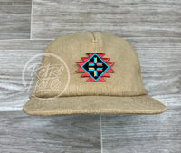 Southwestern / Aztec Tribal Patch On Corduroy Snapback Hat Tan Ready To Go