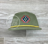 Southwestern / Aztec Tribal Patch On Retro Rope Hat Olive W/Yellow Rope Ready To Go