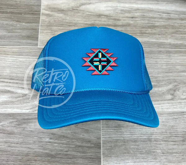 Southwestern / Aztec Tribal Patch On Turquoise Meshback Trucker Hat Ready To Go