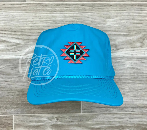 Southwestern / Aztec Tribal Patch On Turquoise Nylon Rope Hat Ready To Go