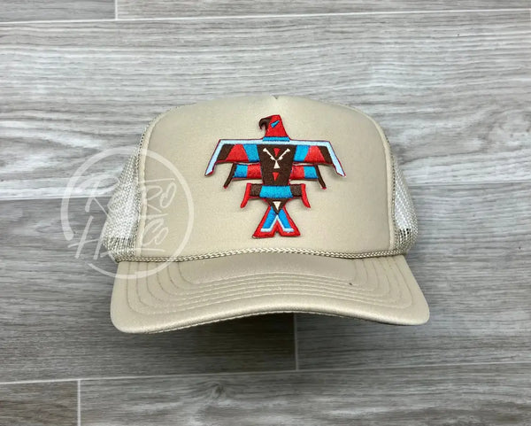 Southwestern / Tribal Thunderbird (Large) Patch On Beige Meshback Trucker Hat Ready To Go