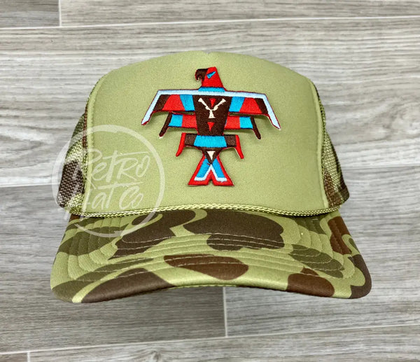 Southwestern / Tribal Thunderbird (Large) Patch On Solid Front Camo Trucker Hat Ready To Go