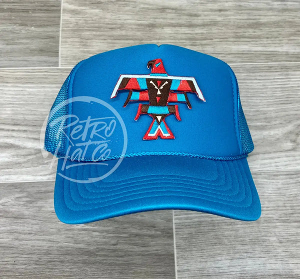 Southwestern / Tribal Thunderbird (Large) Patch On Turquoise Meshback Trucker Hat Ready To Go