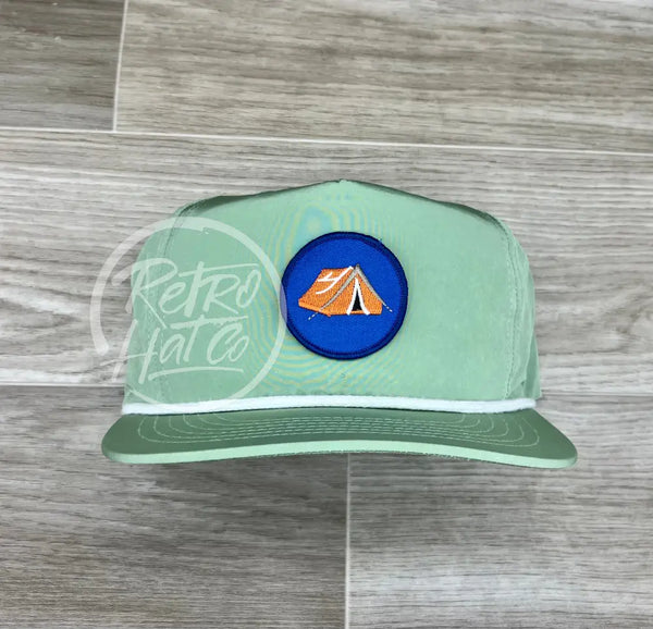 Tent / Camp Scout Badge On Green Poly Retro Rope Hat Ready To Go