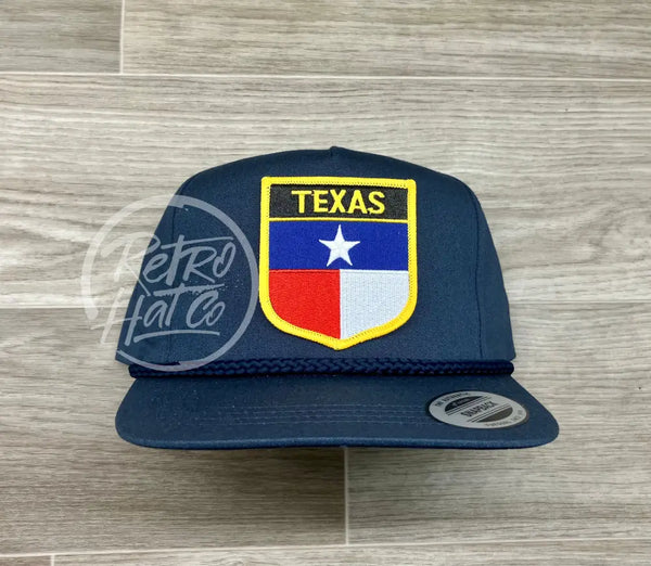 Texas Flag (Gold Border Shield) On Classic Retro Rope Hat Blue Ready To Go