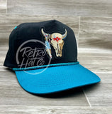 Tribal Cow Skull Patch On Black/Turquoise Rope Hat Ready To Go