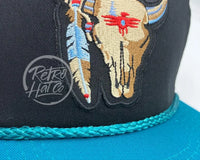 Tribal Cow Skull Patch On Black/Turquoise Rope Hat Ready To Go