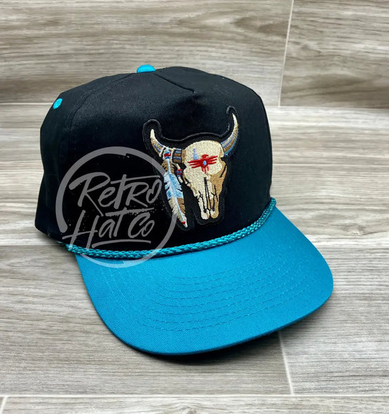 Tribal Cow Skull Patch On Black/Turquoise Rope Hat Ready To Go