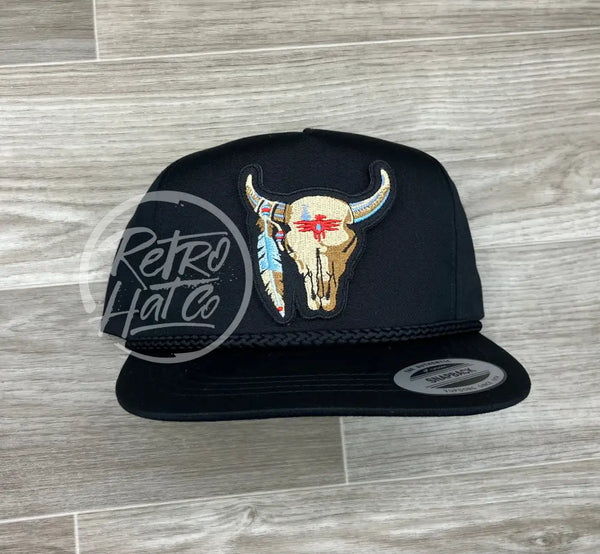 Tribal / Southwestern Cow Skull On Black Classic Rope Hat Ready To Go