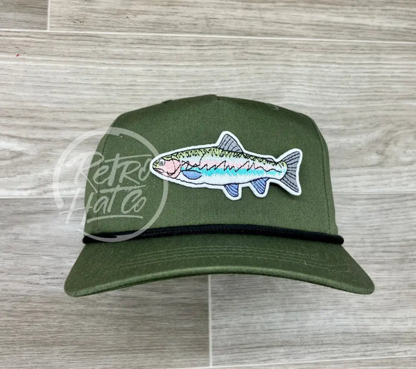 Trout On Olive Retro Hat W/Black Rope Ready To Go