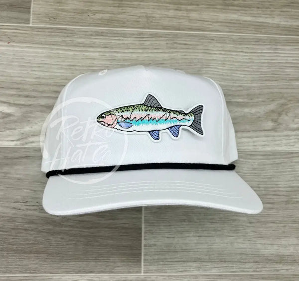 Trout On White Retro Hat W/Black Rope Ready To Go