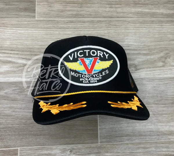 Victory Motorcycle Biker Patch On Black Meshback Trucker Hat W/Scrambled Eggs Ready To Go