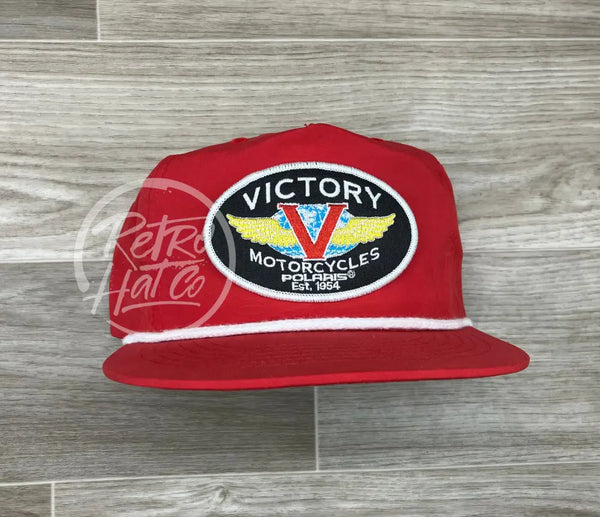 Victory Motorcycle Biker Patch On Red Poly Retro Rope Hat Ready To Go