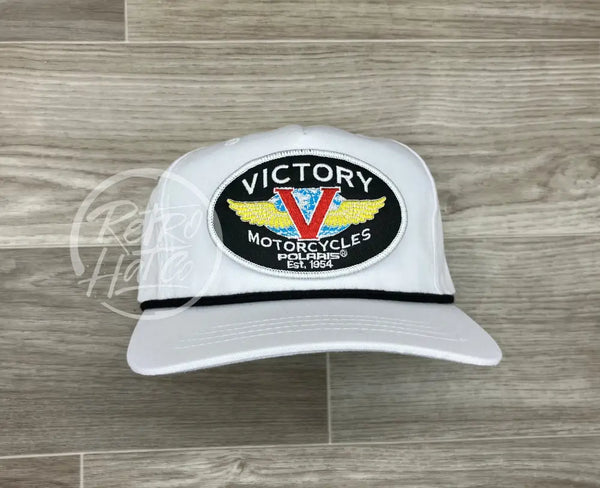 Victory Motorcycle Biker Patch On White Retro Hat W/Black Rope Ready To Go