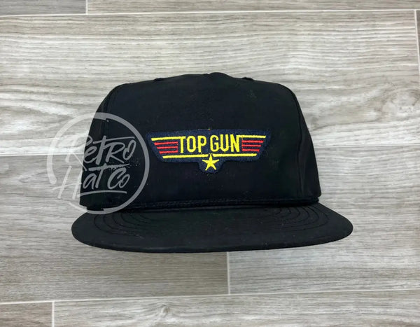 Vintage 80S Top Gun Patch On Black Poly Rope Hat Ready To Go
