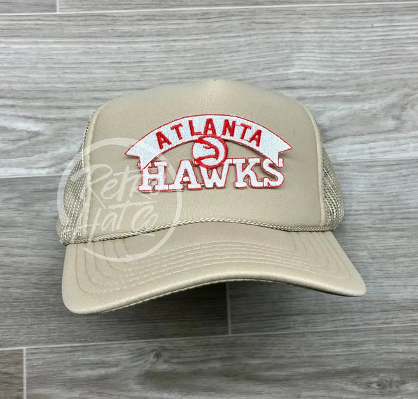Vintage 90S Atlanta Hawks Patch On Beige Meshback Trucker Hat Ready To Go