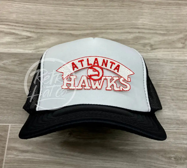 Vintage 90S Atlanta Hawks Patch On Black/White Meshback Trucker Hat Ready To Go