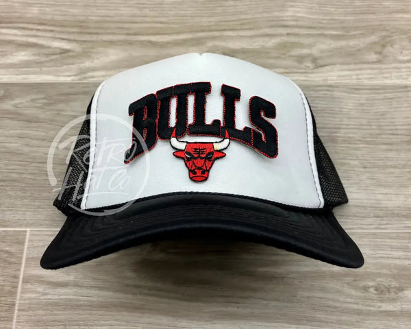 Vintage 90S Black Chicago Bulls Patch On Black/White Meshback Trucker Hat Ready To Go