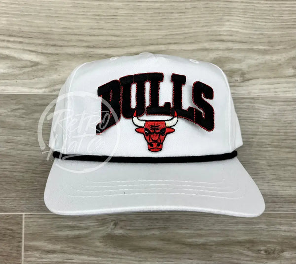 Vintage 90S Black Chicago Bulls Patch On White Retro Hat W/Black Rope Ready To Go