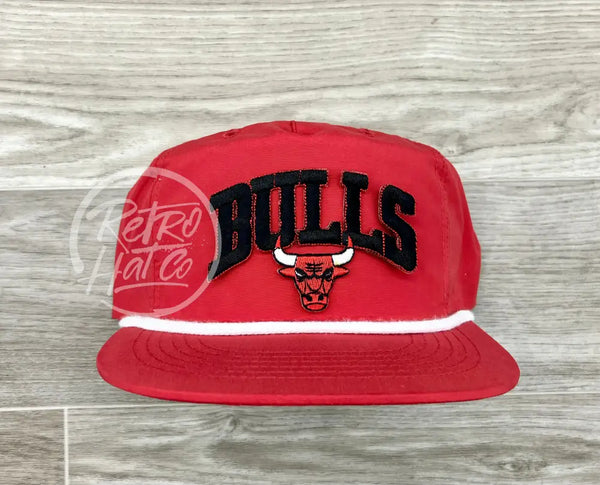 Vintage 90S Chicago Bulls (Black) Patch On Red Poly Rope Hat Ready To Go
