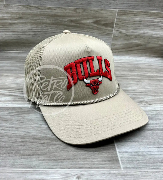 Vintage 90S Chicago Bulls Patch (Red) On Tan Meshback Rope Hat Ready To Go