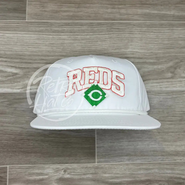 Vintage 90S Cincinnati Reds (White) Patch On Solid White Retro Rope Hat Ready To Go