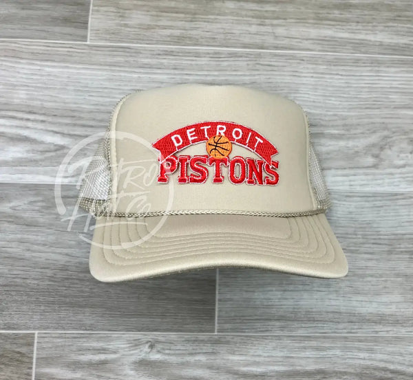 Vintage 90S Detroit Pistons Arch Patch On Beige Meshback Trucker Hat Ready To Go