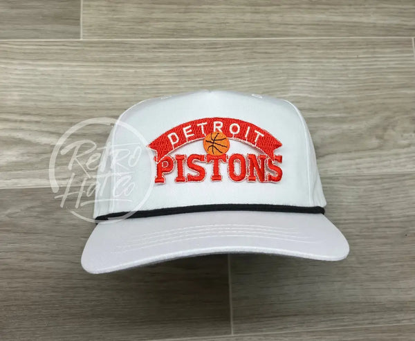 Vintage 90S Detroit Pistons (Red) Patch On White Retro Hat W/Black Rope Ready To Go