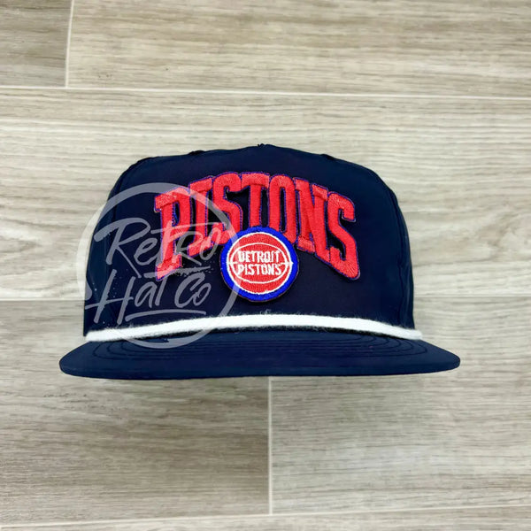Vintage 90S Detroit Pistons (Red W/Logo) Patch On Navy Poly Retro Rope Hat Ready To Go