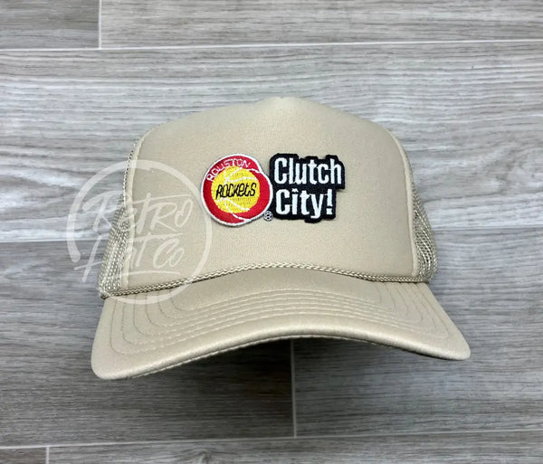 Vintage 90S Houston Rockets Clutch City Patch On Beige Meshback Trucker Hat Ready To Go