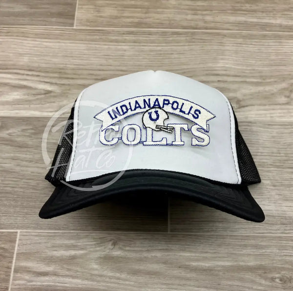 Vintage 90S Indianapolis Colts Patch On Black/White Meshback Trucker Hat Ready To Go