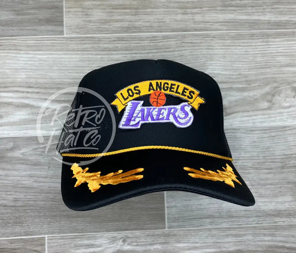 Vintage 90S Los Angeles Lakers Patch On Black Meshback Trucker Hat W/ Scrambled Eggs Ready To Go