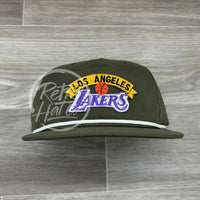 Vintage 90S Los Angeles Lakers Patch On Retro Rope Hat Olive W/White Ready To Go