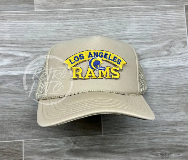 Vintage 90s Los Angeles Rams Patch on Beige Meshback Trucker Hat