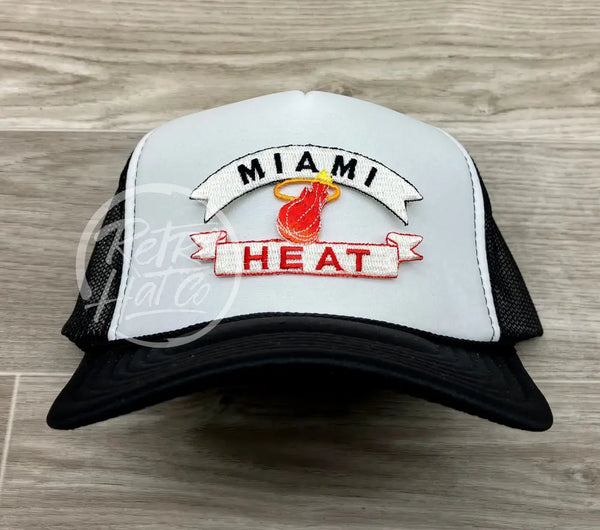Vintage 90S Miami Heat Patch On Black/White Meshback Trucker Hat Ready To Go