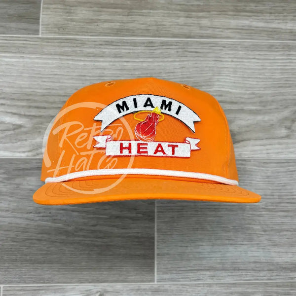 Vintage 90S Miami Heat Patch On Bright Orange Retro Hat W/White Rope Ready To Go
