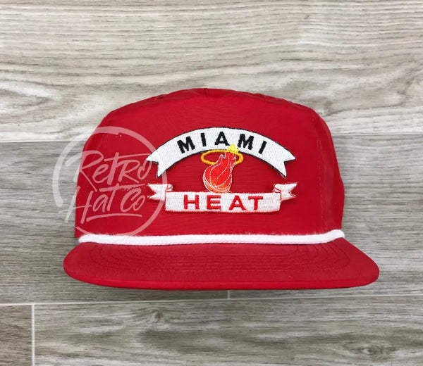 Vintage 90S Miami Heat Patch On Red Poly Rope Hat Ready To Go