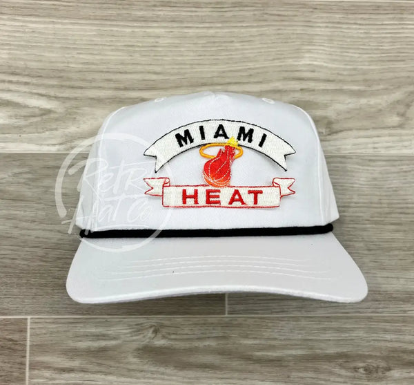 Vintage 90S Miami Heat Patch On White Retro Hat W/Black Rope Ready To Go