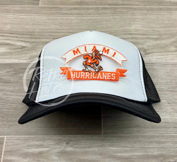 Vintage 90S Miami Hurricanes Patch On Black/White Meshback Trucker Hat Ready To Go