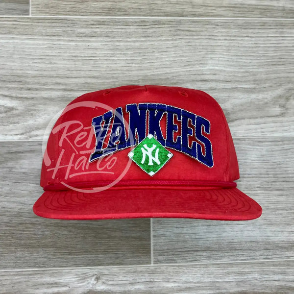 Vintage 90S New York Yankees (Navy Arch) Patch On Solid Red Retro Hat Ready To Go