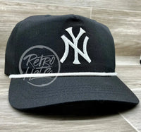 Vintage 90S New York Yankees (White Ny) Patch On Black Retro Hat W/White Rope Ready To Go
